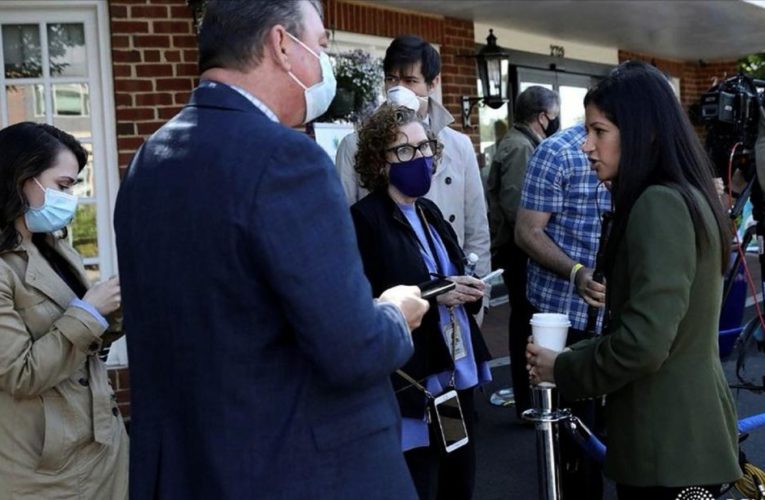 Photo shows Pence’s press secretary with media just yesterday