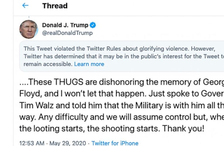 Twitter adds ‘glorifying violence’ warning to Trump tweet