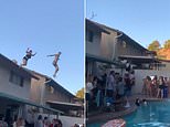 Horrifying moment woman slams into patio shelter as she tries to jump from rooftop into a pool