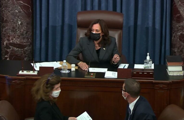 Harris casts tie-breaking vote to pass budget resolution