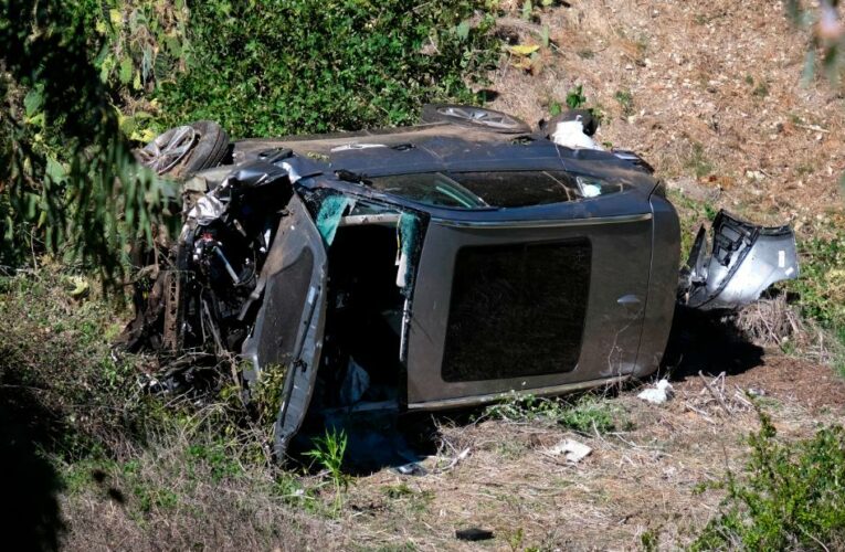 The golf legend suffered serious leg injuries and had to be removed from his vehicle through the windshield, officials say