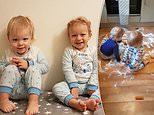 Twin toddlers are filmed covering their mother’s kitchen floor with fish fingers and sugar 