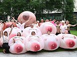 Dozens of medical tattooists dress as giant inflatable BREASTS outside Facebook HQ