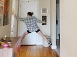 Rock climber clings to fireplace and curtain rail as she crosses apartment without touching ground