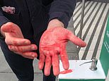 Customers squirt fake BLOOD on their hands after anti-meat activists hijack sanitiser stations