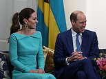 Duchess wears the colour of The Bahamas’ flag as she and William step off the plane