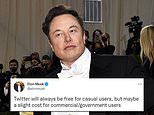 Elon Musk says Twitter will stay free for casual users, but might cost commercial/government users