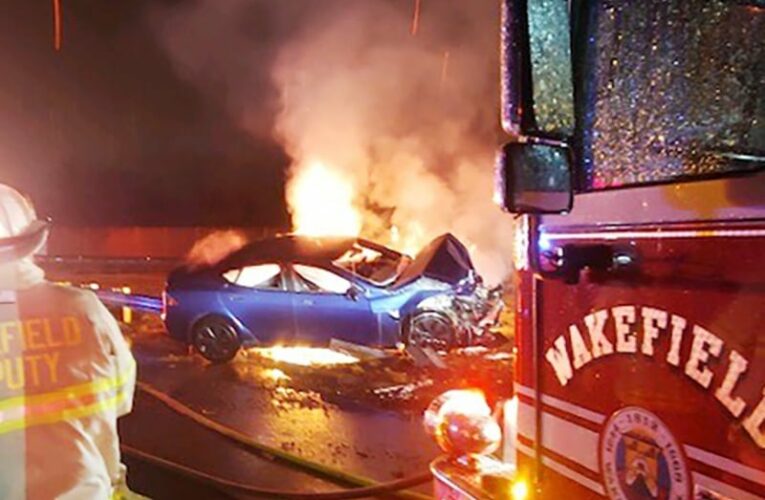 Tesla goes up in flames after single-car crash in Wakefield